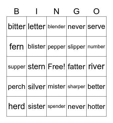 Groups 7 "er" and "ir" words Bingo Card