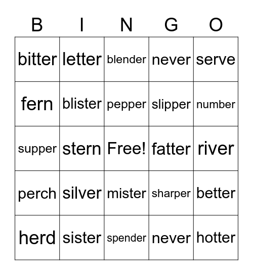 Groups 7 "er" and "ir" words Bingo Card