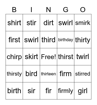 Groups 7 "er" and "ir" words 2 Bingo Card