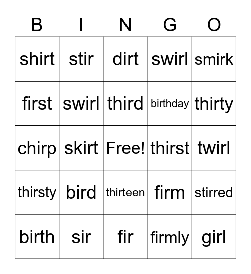 Groups 7 "er" and "ir" words 2 Bingo Card
