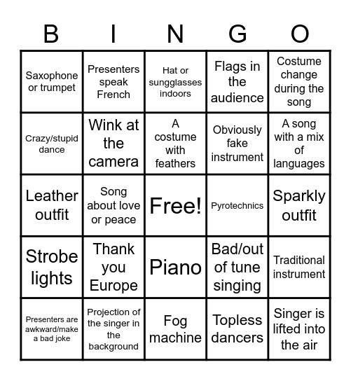 Eurovision 2022 Bingo Card