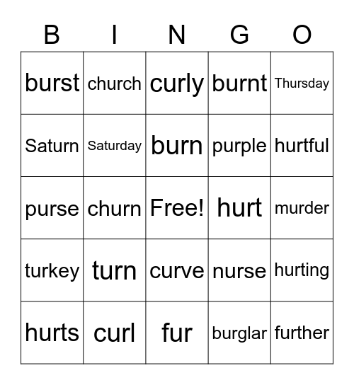 Group 7 "ur" words Bingo Card