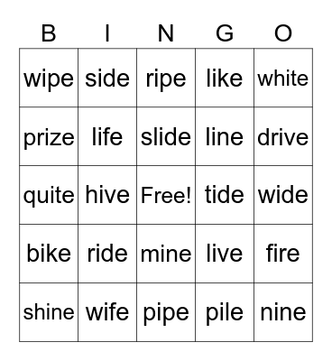 i_e words Bingo Card