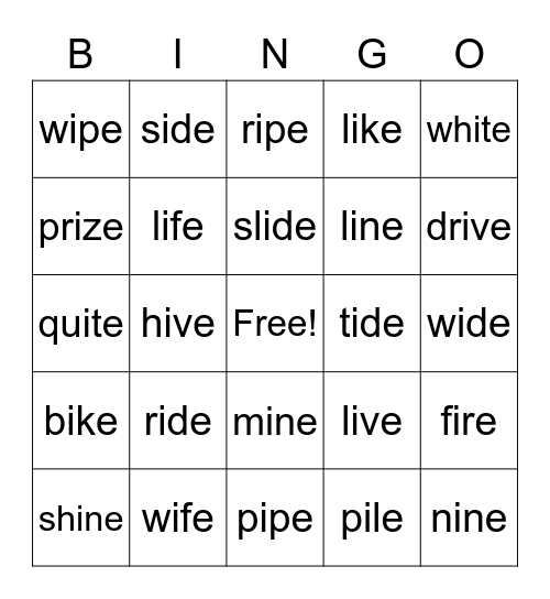 i_e words Bingo Card