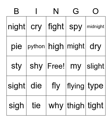 "ie", "igh", "y" words 1 Bingo Card