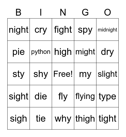 "ie", "igh", "y" words 1 Bingo Card