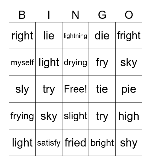 ie, igh, y words 2 Bingo Card