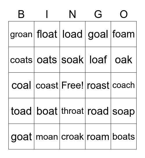 "oa" words Bingo Card