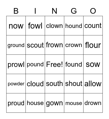 "ou" and "ow" words (as in 'pound') 1 Bingo Card