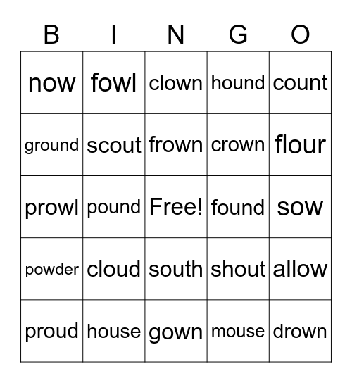 "ou" and "ow" words (as in 'pound') 1 Bingo Card