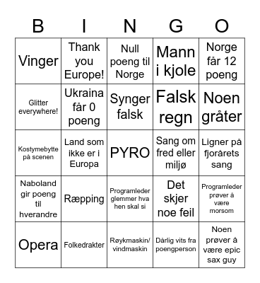 Eurovision bingo Card