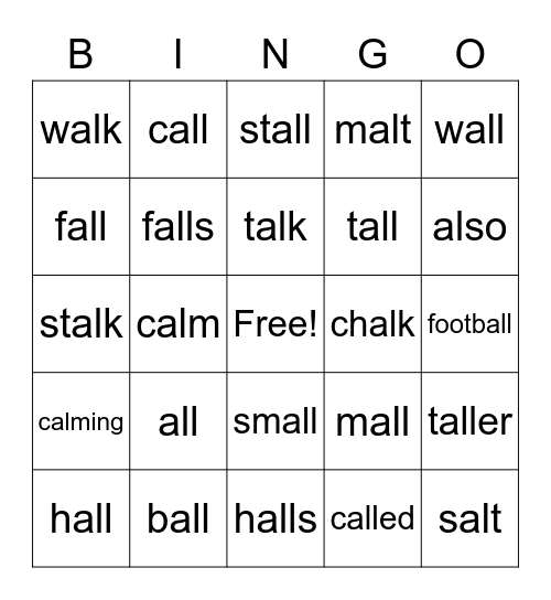 "al" and "all" words Bingo Card