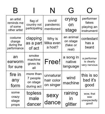 Eurovision Bingo Card