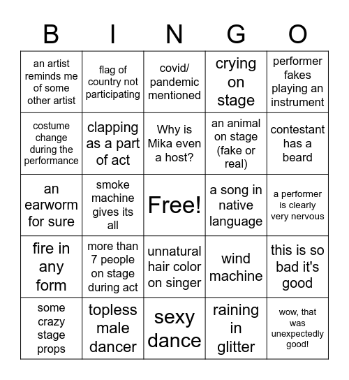 Eurovision Bingo Card