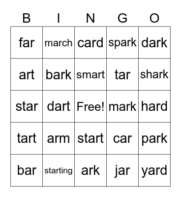 "ar" words Bingo Card