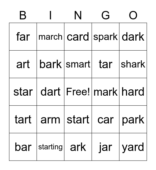 "ar" words Bingo Card