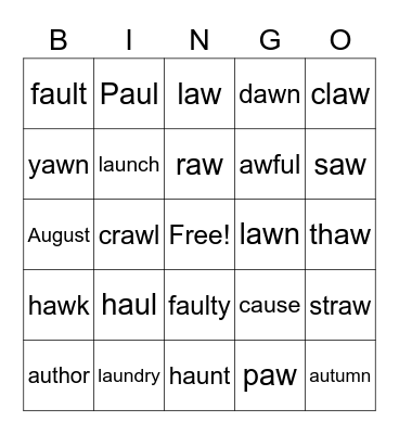 "aw" and "au" words Bingo Card