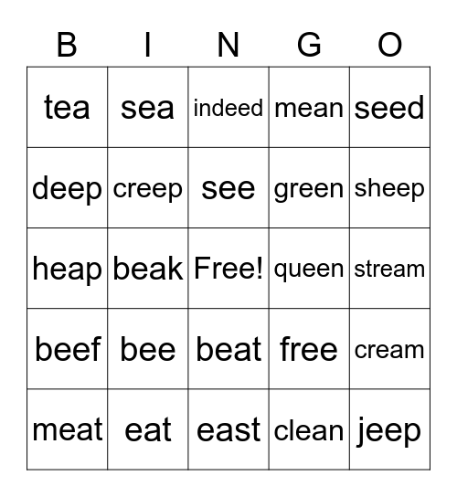 "ee" and "ea" words 1 Bingo Card