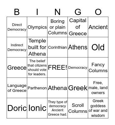 Greece Vocabulary Bingo Card