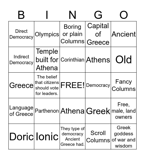 Greece Vocabulary Bingo Card
