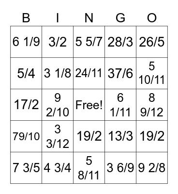 Mixed Numbers & Improper Fractions Bingo Card