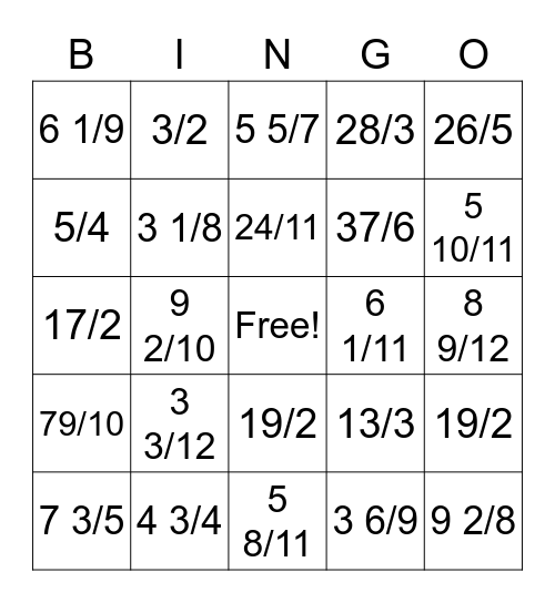 Mixed Numbers & Improper Fractions Bingo Card