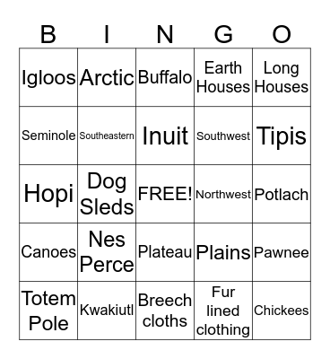 Native Americans Bingo Card
