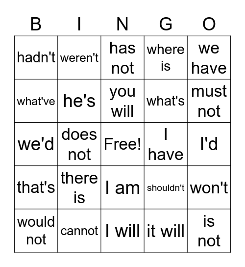 Contraction Bingo Card