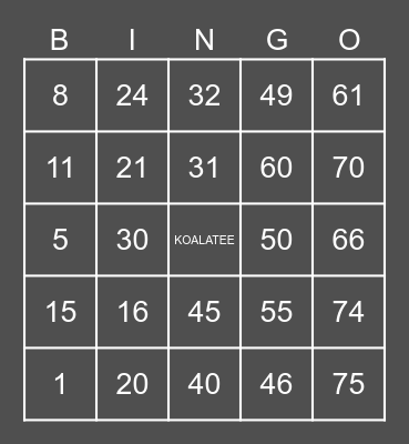 KOALATEE BINGO! Bingo Card