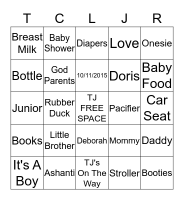 Tony & Rochelle's Baby Shower Bingo Card