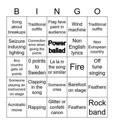 Eurovision 2022 Bingo Card