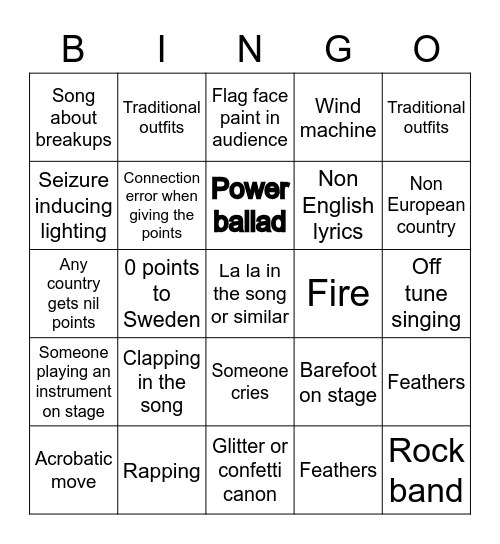 Eurovision 2022 Bingo Card