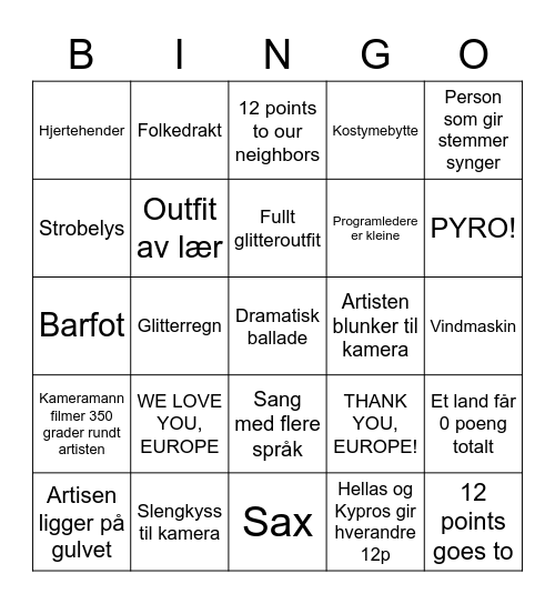 EUROVISION 2022 (norsk) Bingo Card