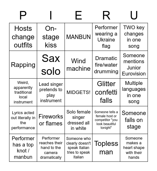 Eurovision Bingo - 2022 Bingo Card