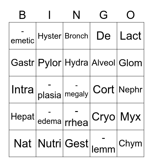 Anatomy Term Builder #10-12 Bingo Card