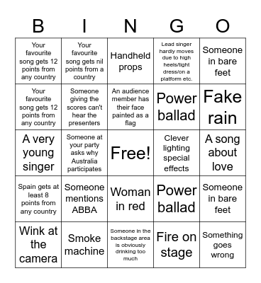 Eurovision Bingo Card