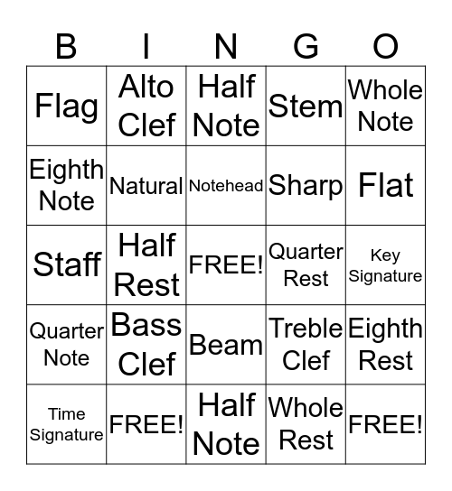 Musical Symbols Bingo 1 Bingo Card