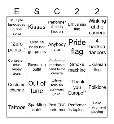 Eurovision bingo Card