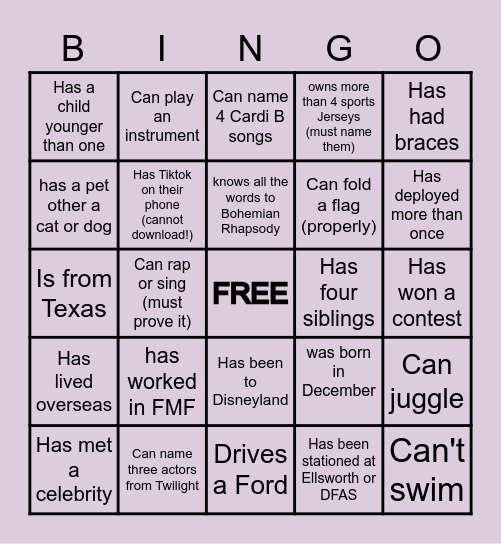 PFMC HUMAN BINGO Card