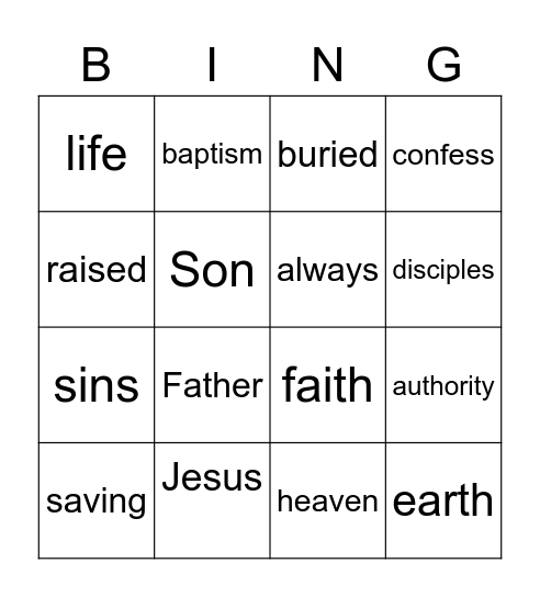 Baptismal Bingo Card