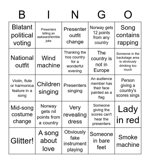 Eurovision Bingo 2022 Bingo Card