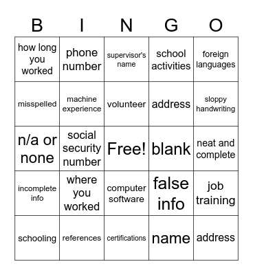 Job Application 2 Bingo Card