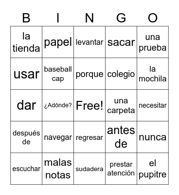 En la Clase y Después Bingo Card