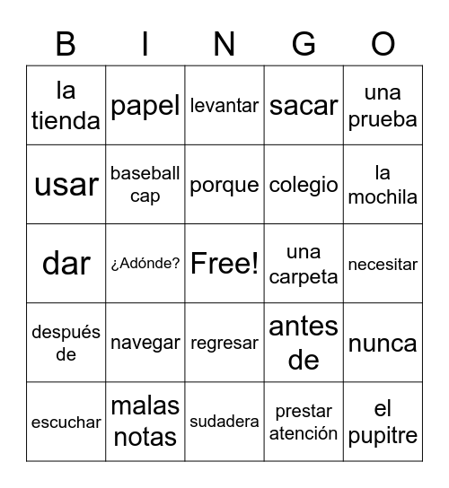 En la Clase y Después Bingo Card
