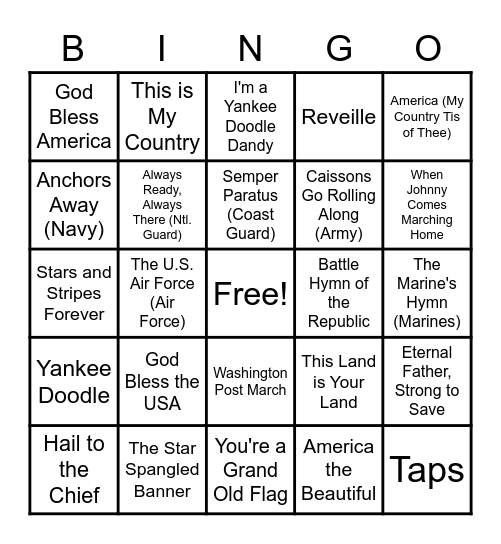 Patriotic Song Bingo Card