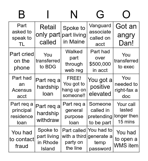 Team Smith BINGO Card