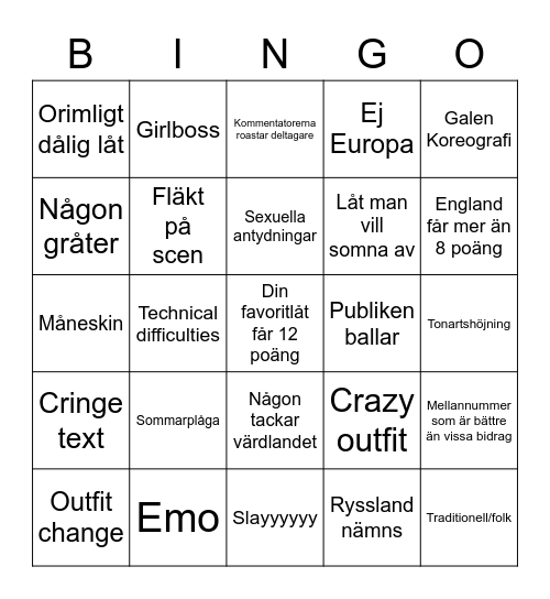 Eurovisionnnn Bingo Card