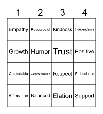 Healthy Relationships Bingo Card