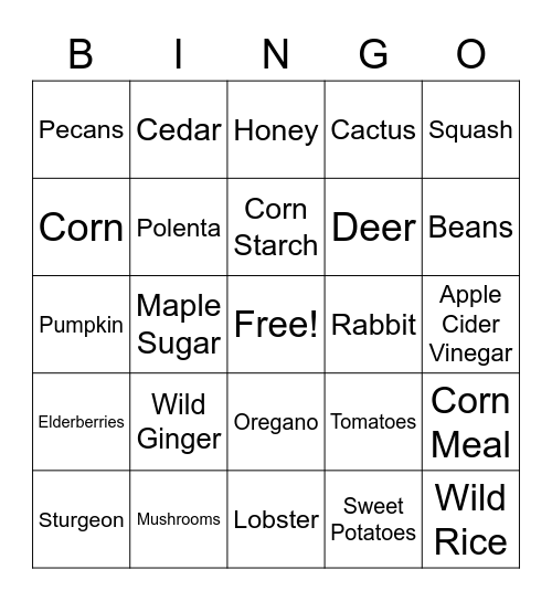 Indigenous Food Pantry Bingo Card