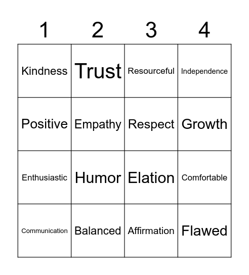 Healthy Relationships Bingo Card